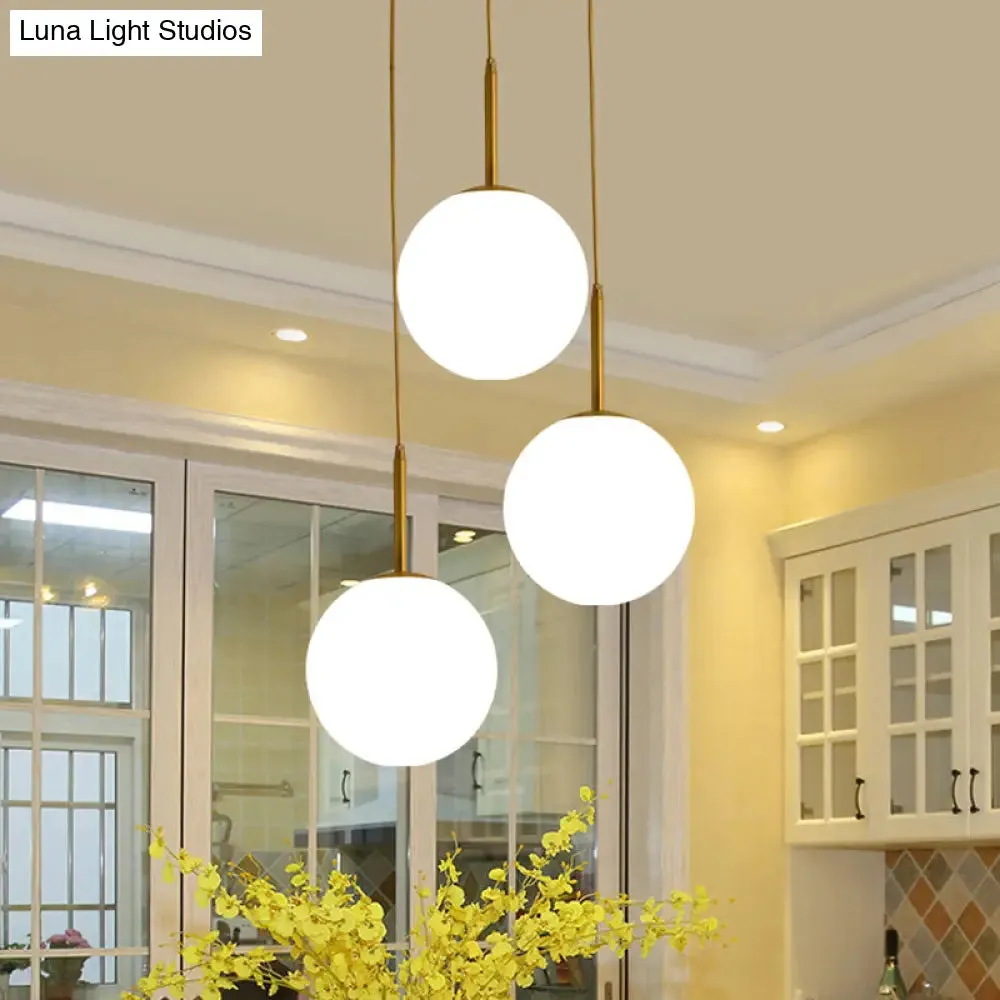 Modern Glass Orb Ceiling Light with 3 Brass Lights - White Pendant Lamp