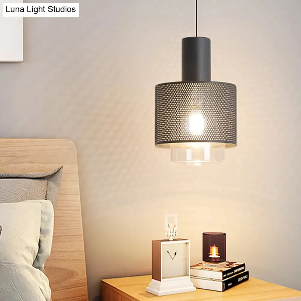 Modern Mesh Drum Pendant Lamp with Clear Glass Shade in Black