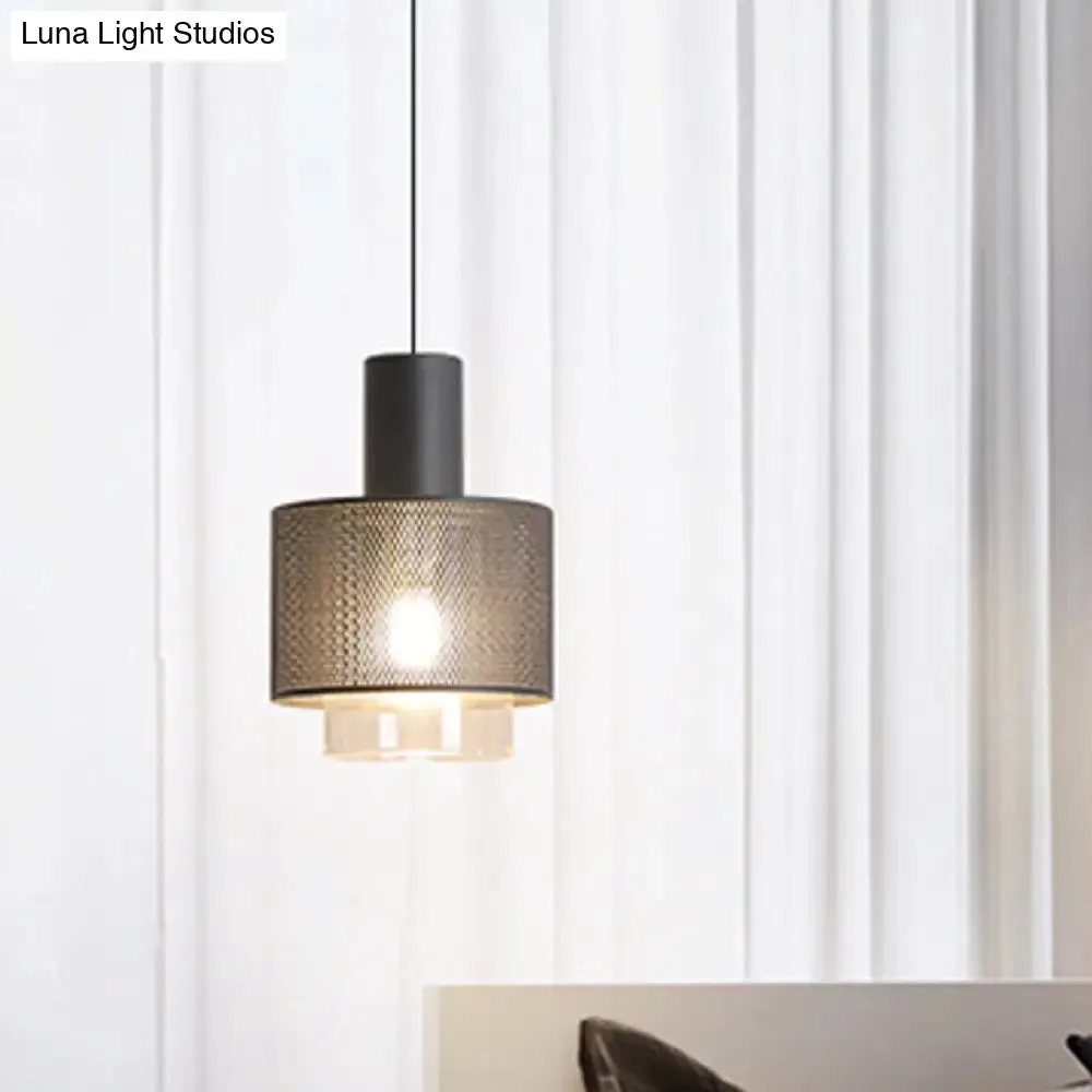 Modern Mesh Drum Pendant Lamp with Clear Glass Shade in Black