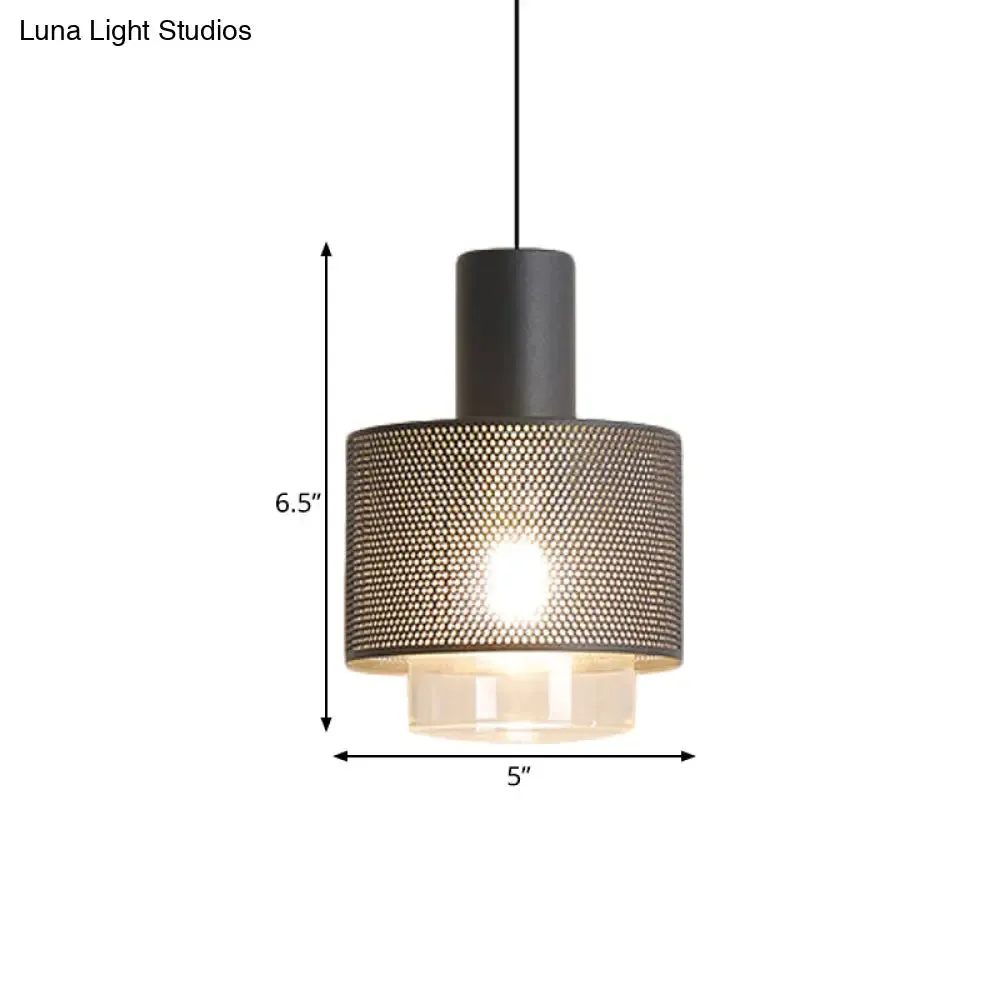 Modern Mesh Drum Pendant Lamp with Clear Glass Shade in Black