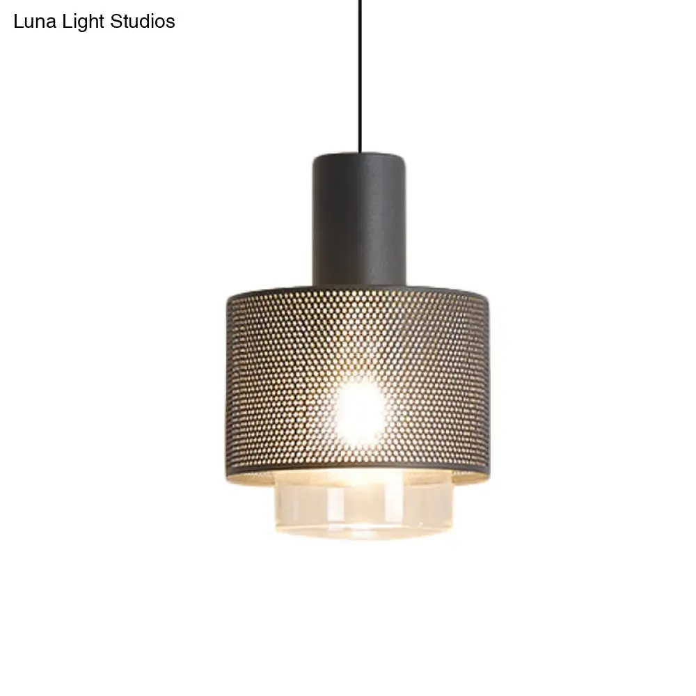 Modern Mesh Drum Pendant Lamp with Clear Glass Shade in Black