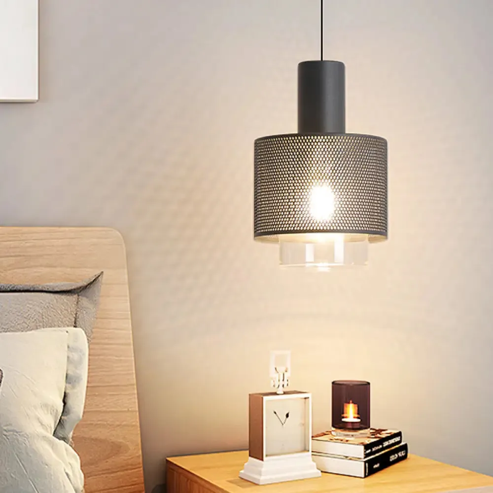 Modern Mesh Drum Pendant Lamp with Clear Glass Shade in Black