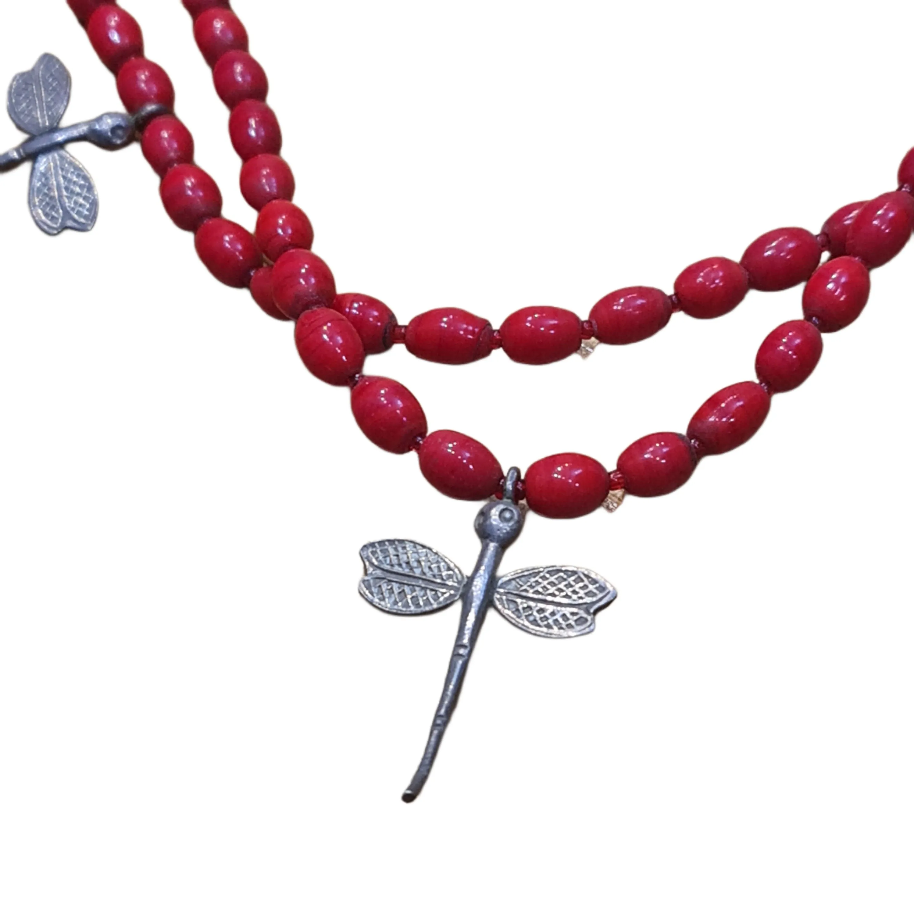 Naga Dragonfly Red Coral Glass Layered necklace