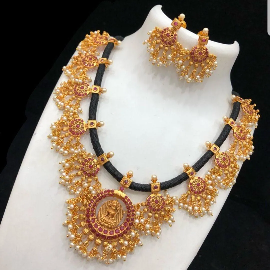 Nagas Black Thread Style Matte Neck set with Ruby Stone and Pearls