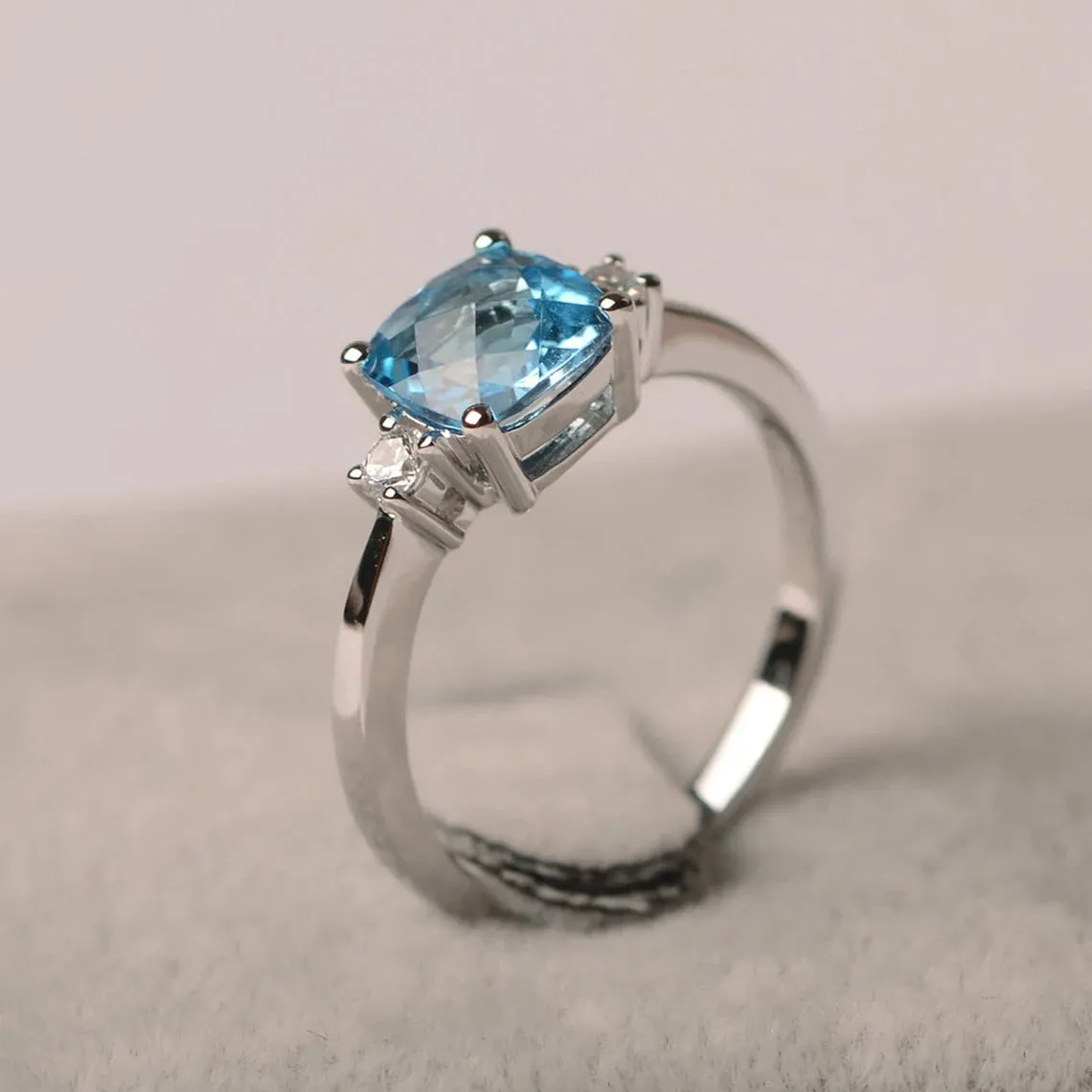 Natural Cushion Cut Swiss Blue Topaz Ring - 925 Sterling Silver Ring