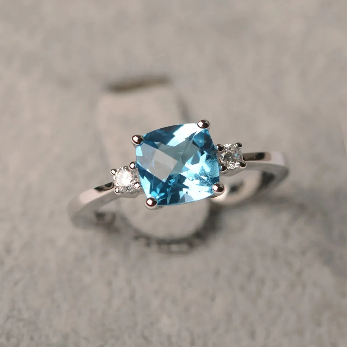 Natural Cushion Cut Swiss Blue Topaz Ring - 925 Sterling Silver Ring