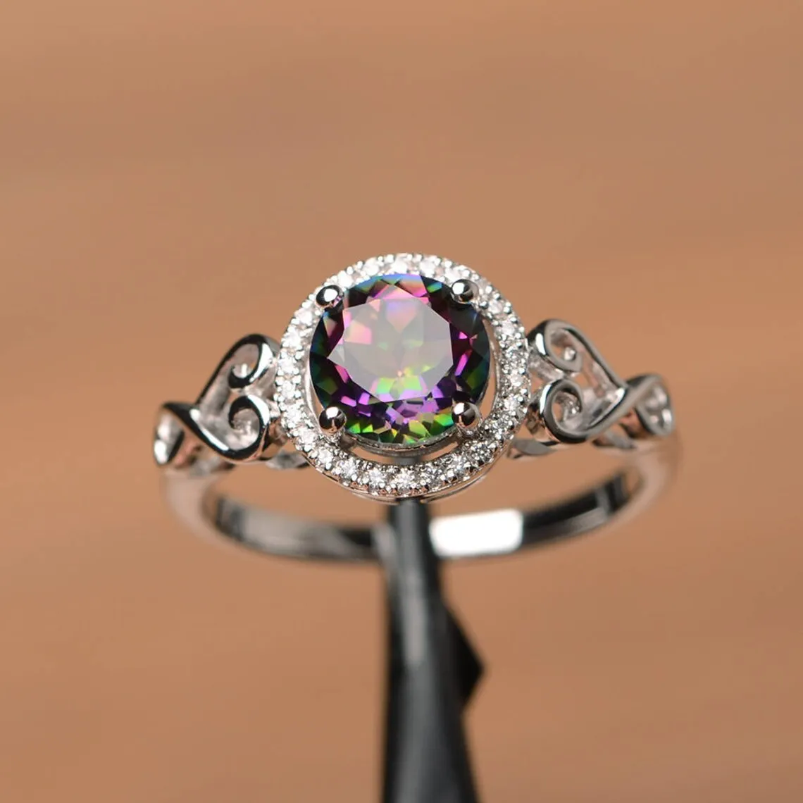 Natural Round Cut Mystic Topaz Halo Engagement Rings For Women - 925 Sterling Silver Ring