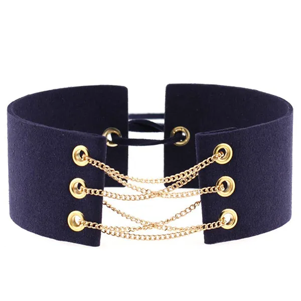 New Glamorous Black Velvet Choker With Gold Color Chains Sexy Statement Necklace Link Chain Lace Up Chokers Necklaces Chocker