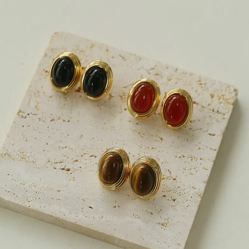 Oval Stud Earrings with Gemstones