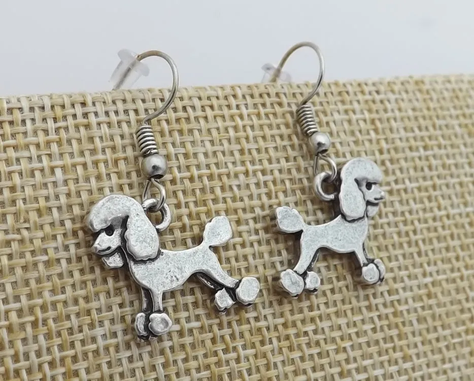 Poodle Dog Silver Tone Drop Earrings