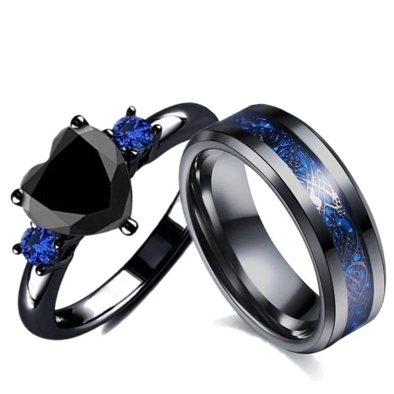 Popular Couple Romantic Couple Ring Fashion Jewelry Anniversary Wedding Black Heart Cubic Zirconia Ring Set Lover Gift