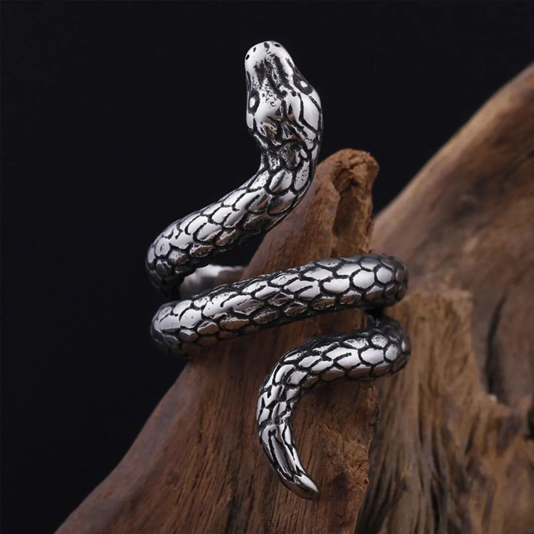 Punk Style Wrap Around Snake Shaped Embossed Ring - Silver