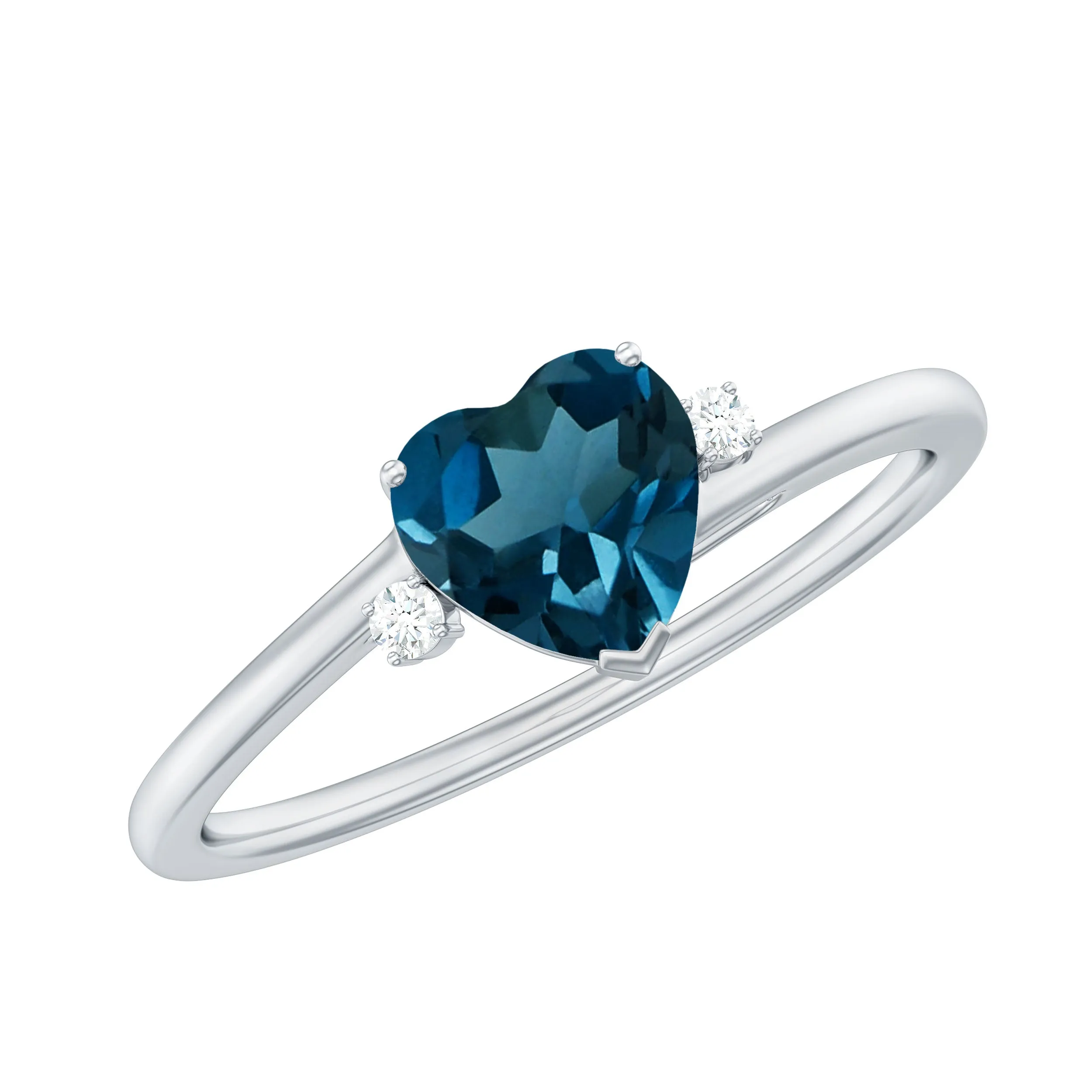 Real London Blue Topaz Heart Solitaire Promise Ring with Diamond