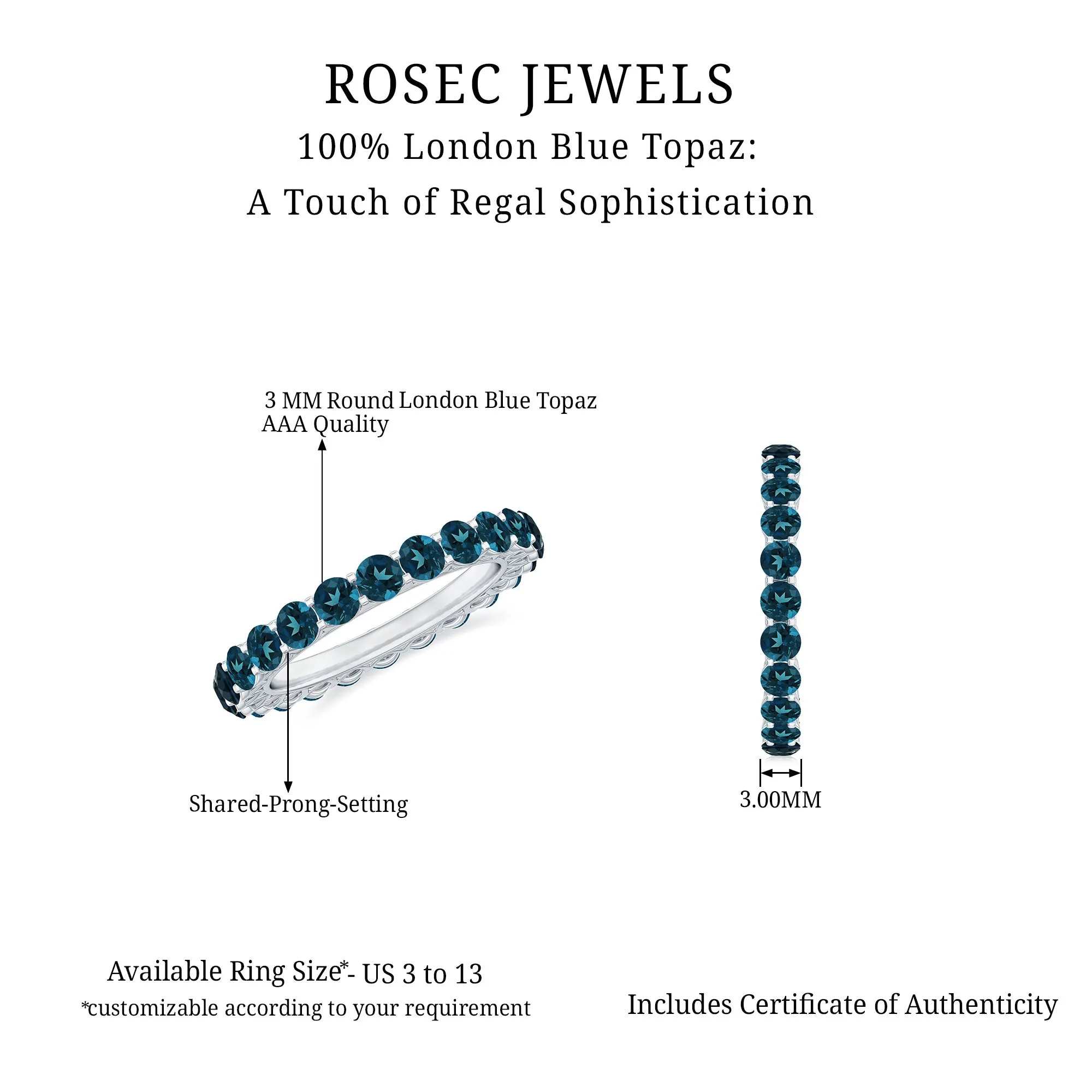 Real London Blue Topaz Simple Eternity Band Ring