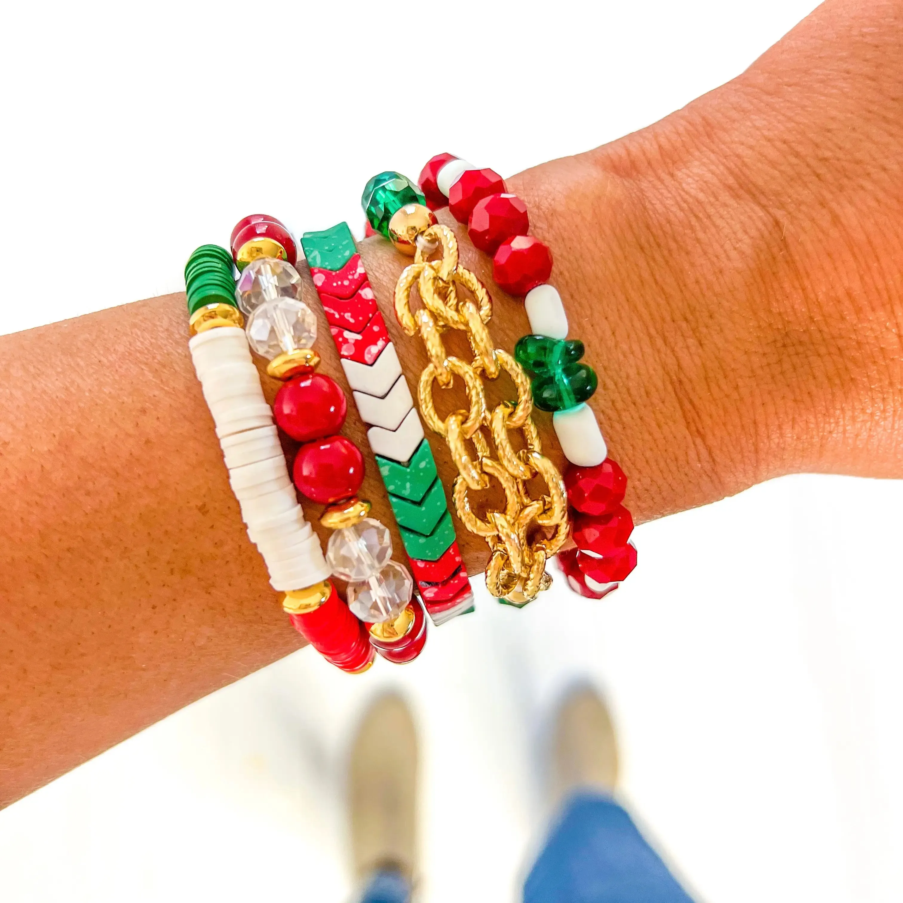 Red, Green & White Chevron Bracelet Stack