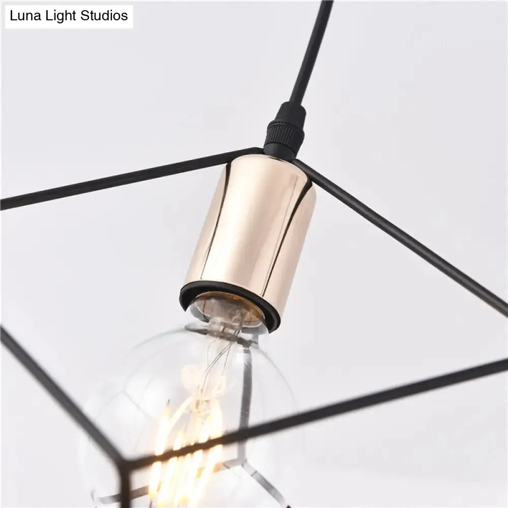 Retro-Style Black Metal Cage Ceiling Fixture for Living Room with 1 Squared Light