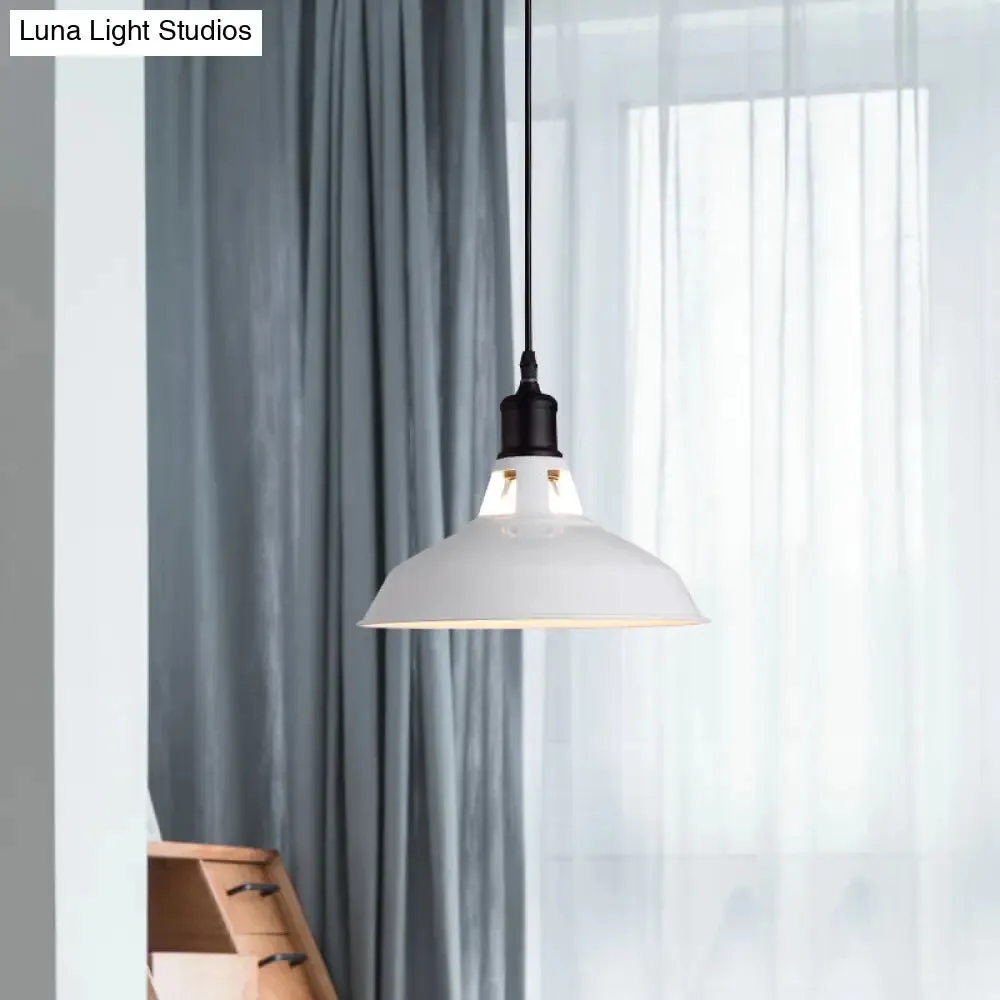 Retro Stylish Metal Pendant Light, Adjustable Cord - White Barn Lampshade, Sizes: 10.5"/12"/15