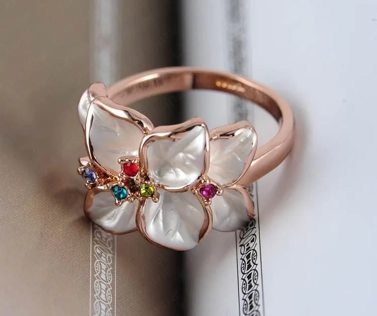 Rose Gold Colored Enamel Flower Ring