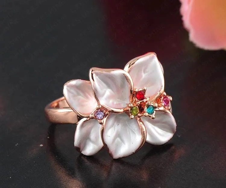 Rose Gold Colored Enamel Flower Ring