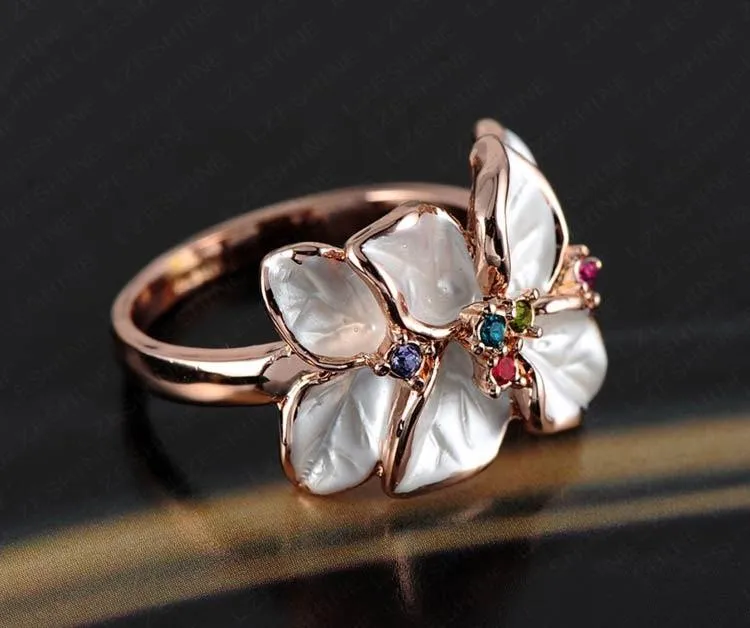 Rose Gold Colored Enamel Flower Ring