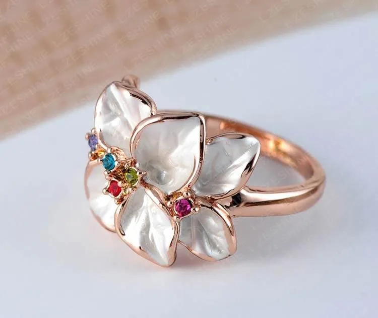 Rose Gold Colored Enamel Flower Ring