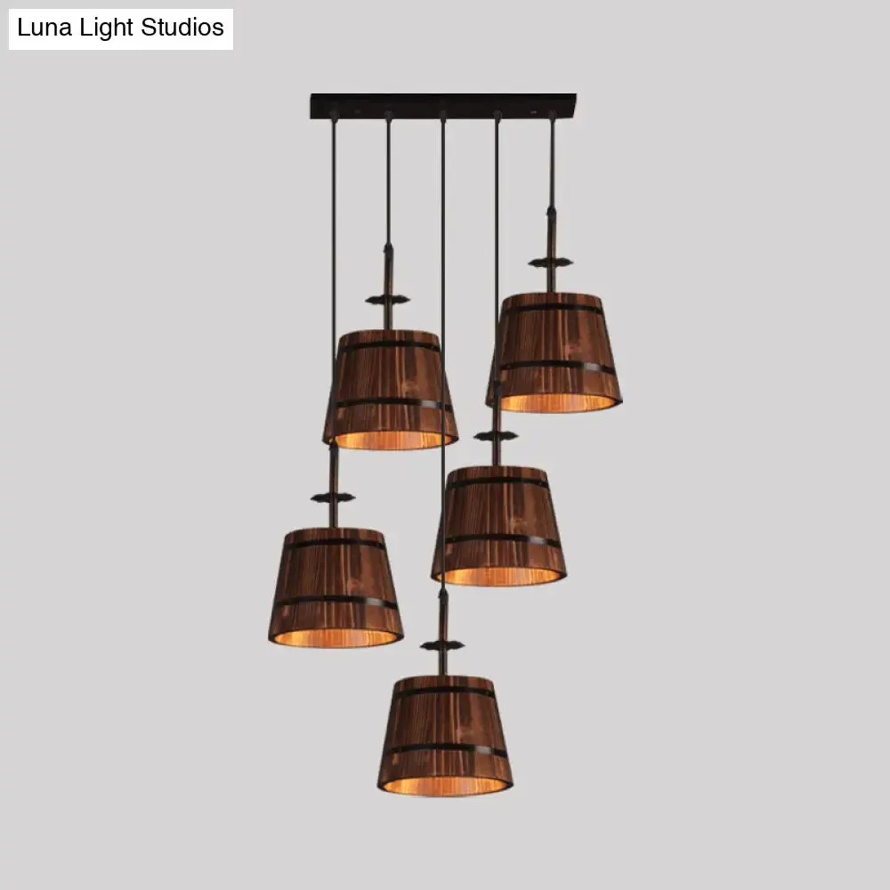 Rustic Wooden Bucket Pendant Light - Café Lodge 4-Light Country Style, Brown