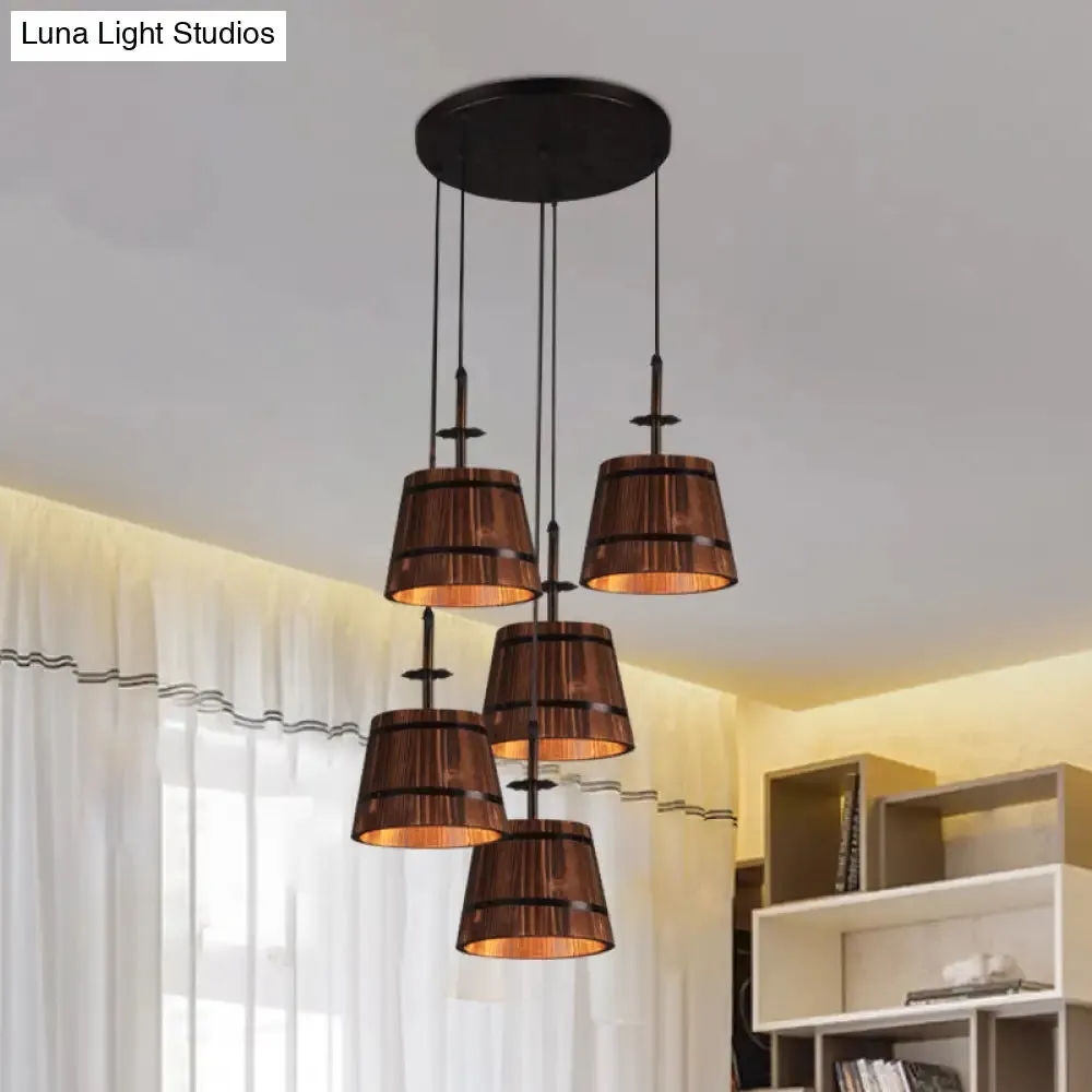 Rustic Wooden Bucket Pendant Light - Café Lodge 4-Light Country Style, Brown