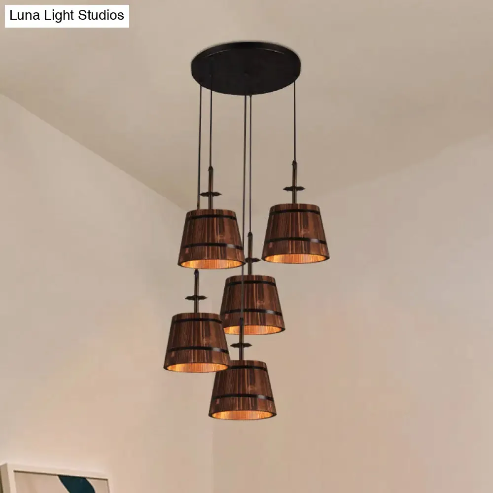 Rustic Wooden Bucket Pendant Light - Café Lodge 4-Light Country Style, Brown