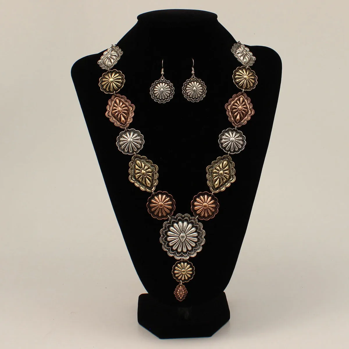 Silver Strike Silver/Gold/Copper Concho Necklace & Earring Set