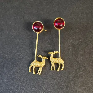 Sleek Earrings With Deer And Red Stones