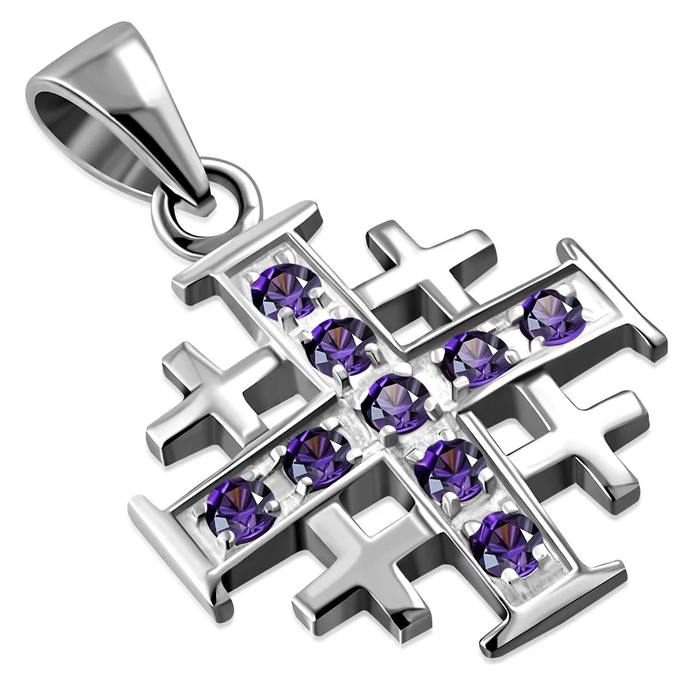 Small Amethyst CZ Jerusalem Cross Silver Pendant