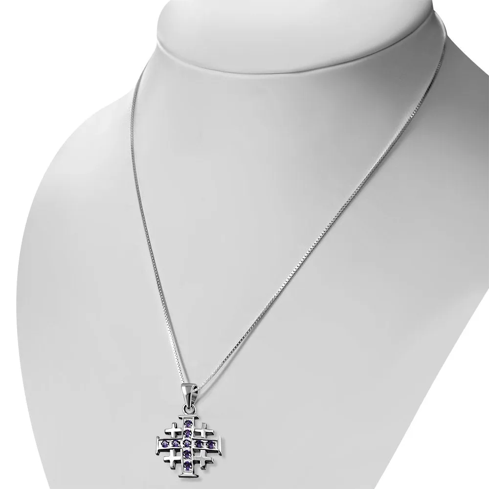 Small Amethyst CZ Jerusalem Cross Silver Pendant