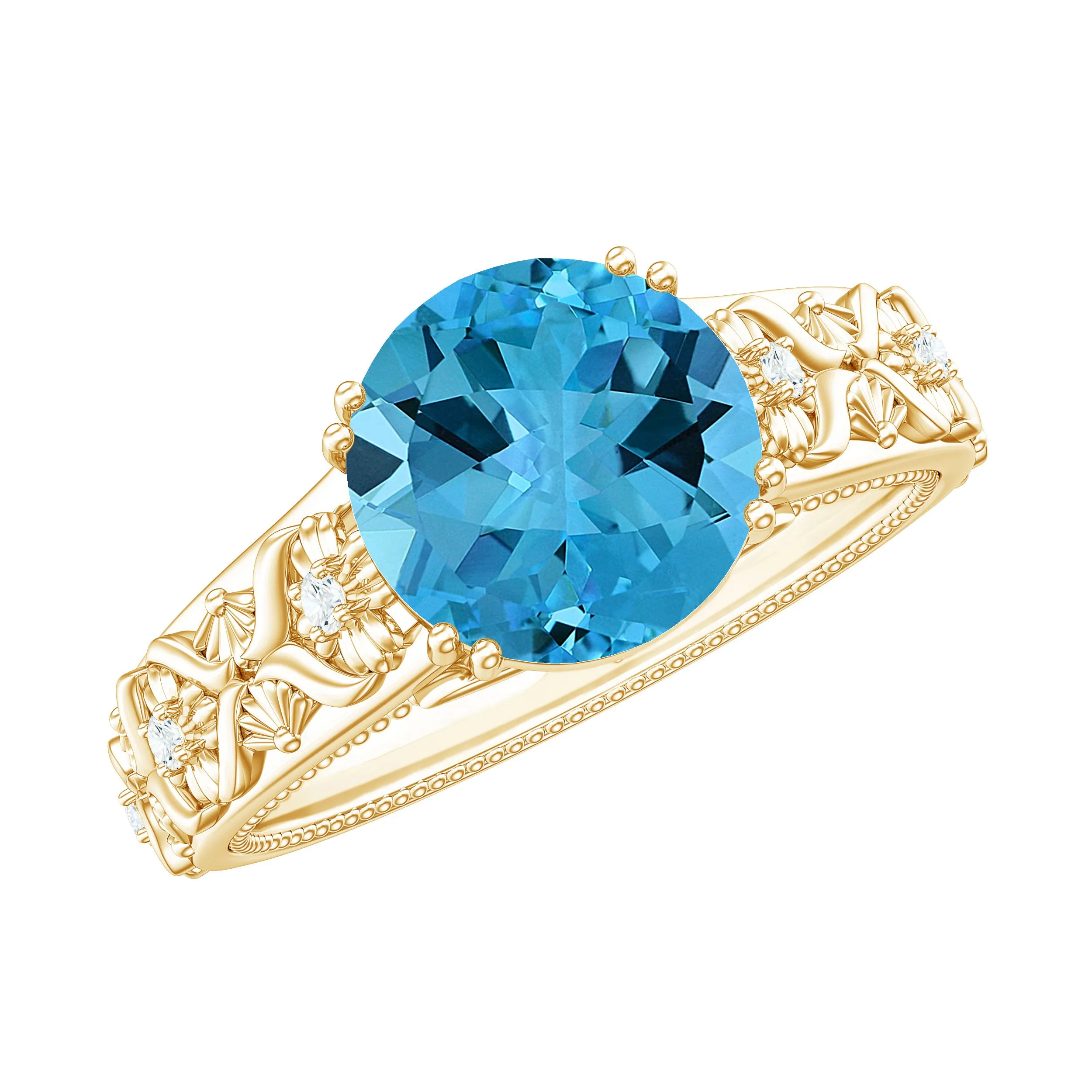 Solitaire Swiss Blue Topaz Flower Engagement Ring with Diamond