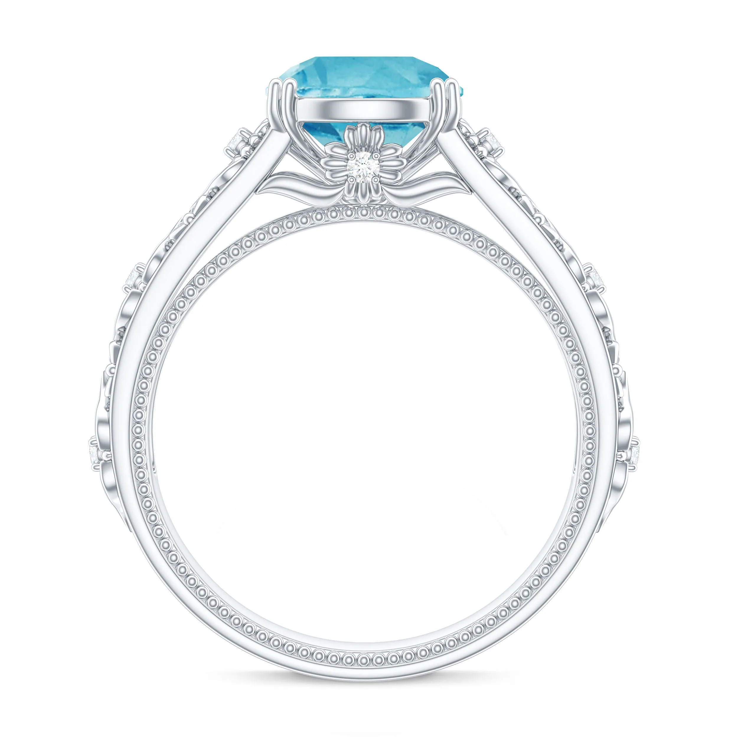 Solitaire Swiss Blue Topaz Flower Engagement Ring with Diamond