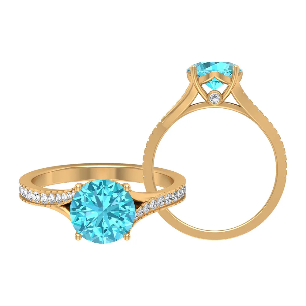 Split Shank Swiss Blue Topaz Solitaire Engagement Ring with Diamond Accent