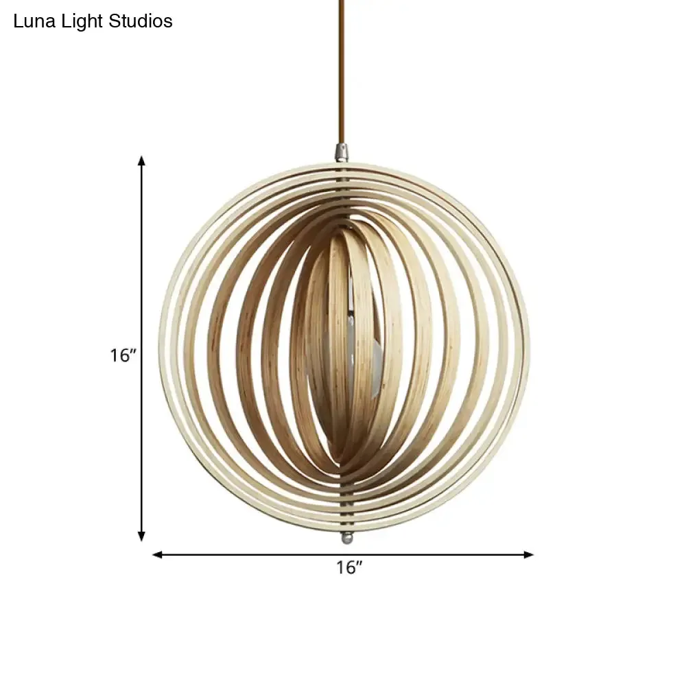 Stylish Asian Wood Sphere Pendant Light - Rotatable, 1-Light, 16"/19.5" Wide Beige Fixture