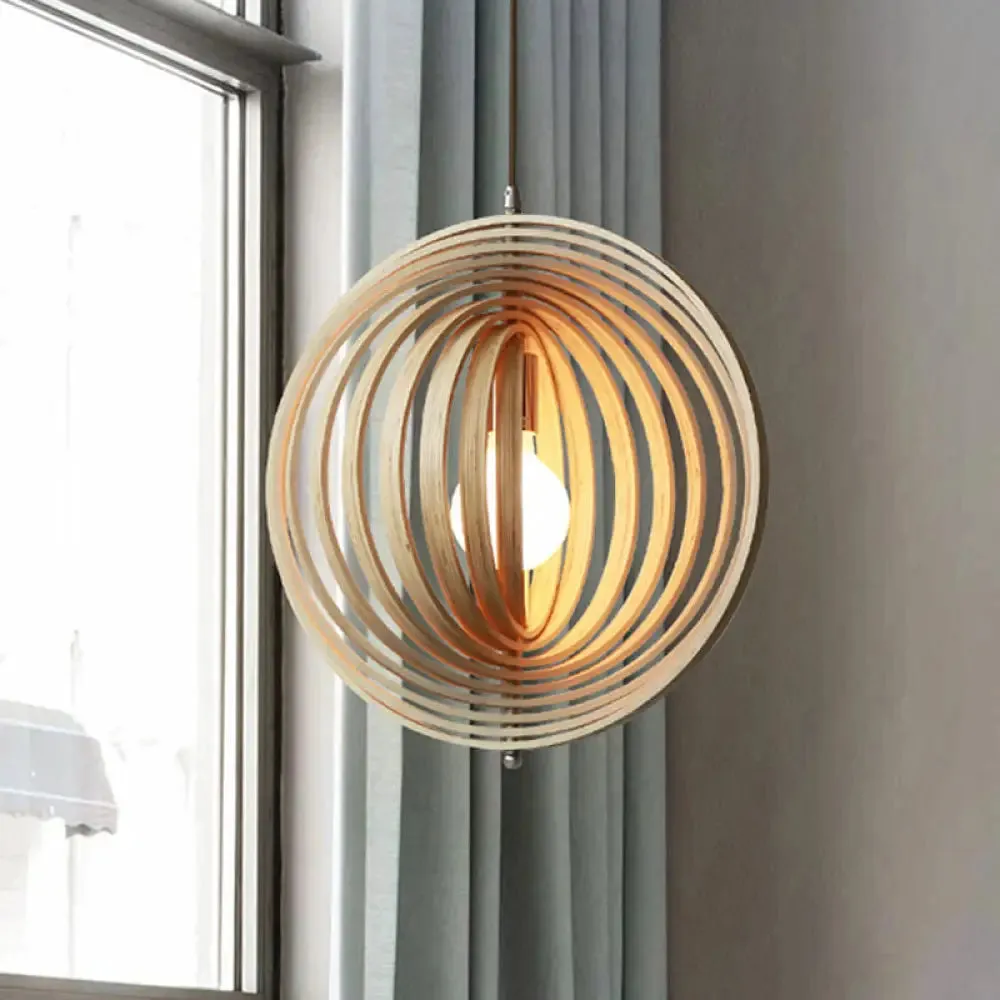 Stylish Asian Wood Sphere Pendant Light - Rotatable, 1-Light, 16"/19.5" Wide Beige Fixture