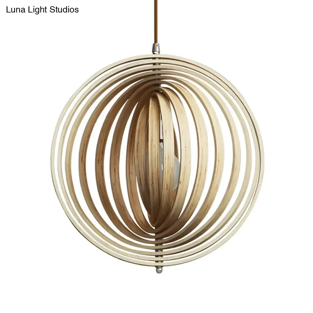 Stylish Asian Wood Sphere Pendant Light - Rotatable, 1-Light, 16"/19.5" Wide Beige Fixture