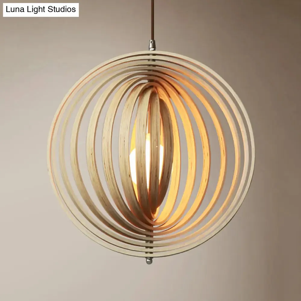 Stylish Asian Wood Sphere Pendant Light - Rotatable, 1-Light, 16"/19.5" Wide Beige Fixture