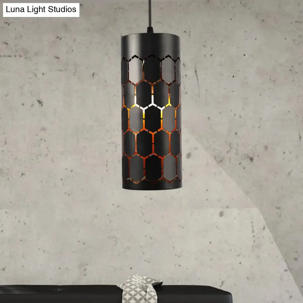 Stylish Etched Cylinder Hanging Light - Antique Iron Pendant in Black Finish for Bars