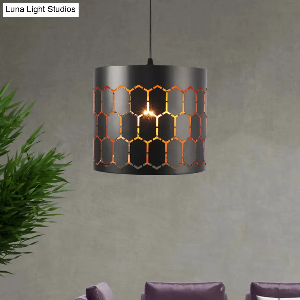 Stylish Etched Cylinder Hanging Light - Antique Iron Pendant in Black Finish for Bars