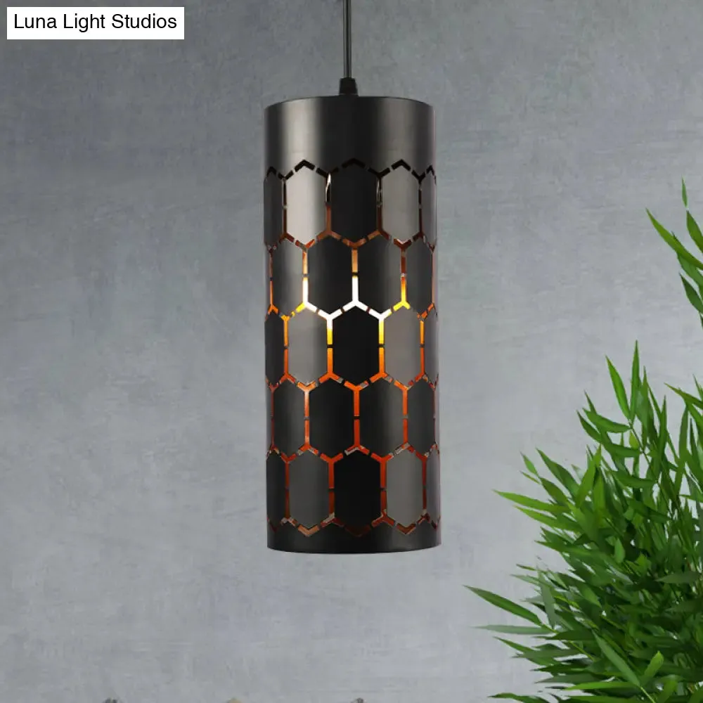 Stylish Etched Cylinder Hanging Light - Antique Iron Pendant in Black Finish for Bars