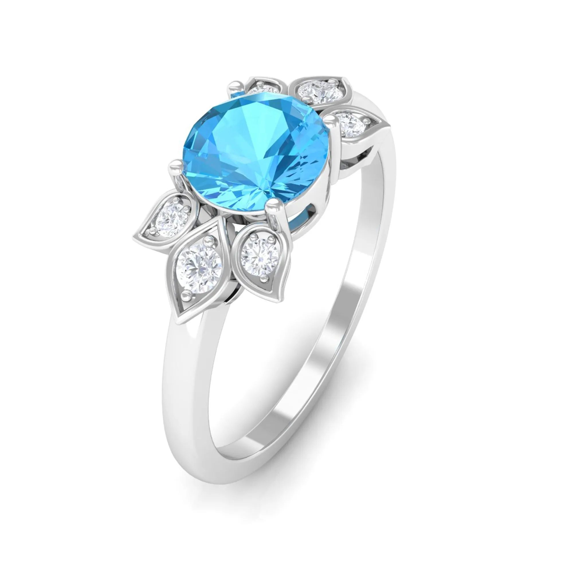 Swiss Blue Topaz Solitaire Flower Ring with Diamond