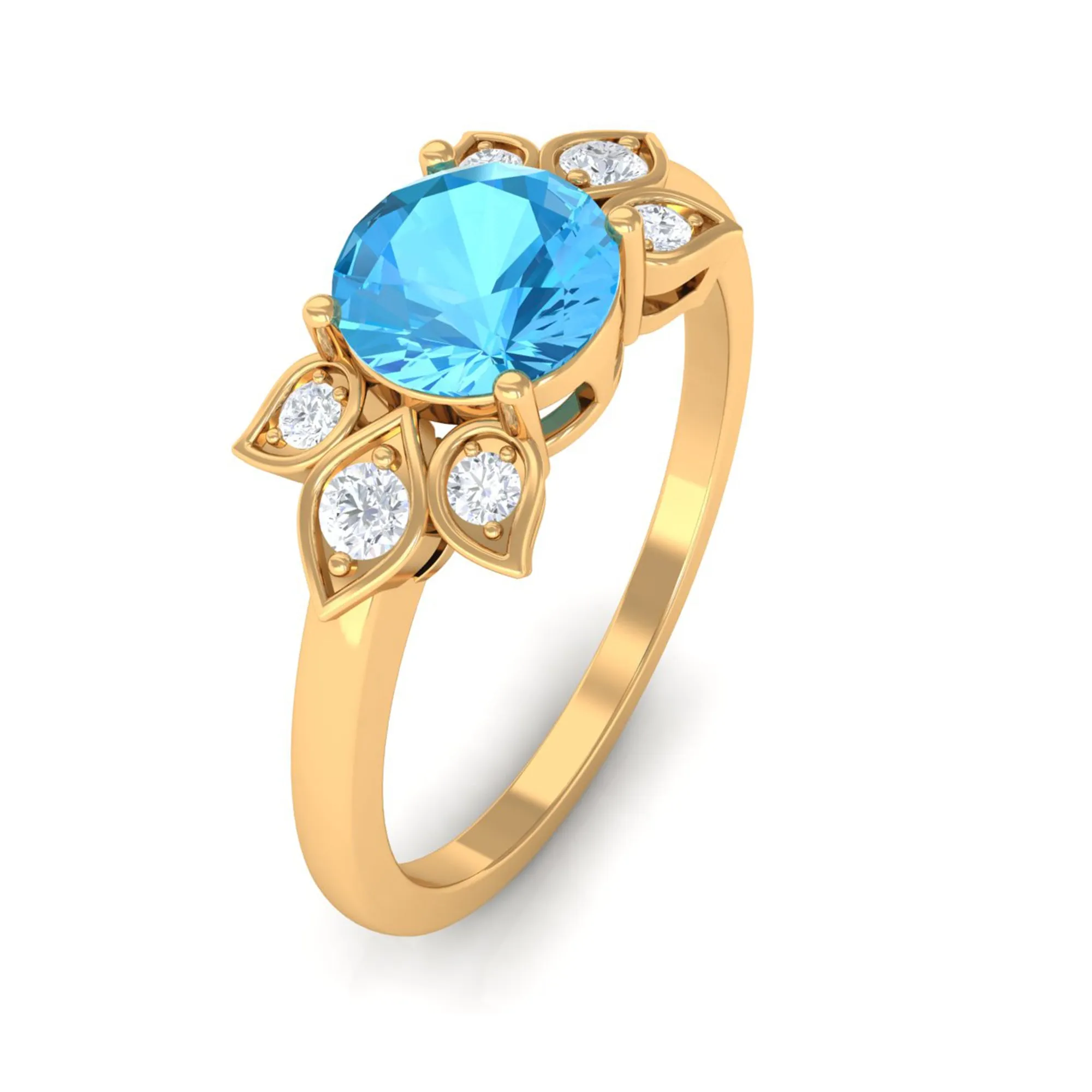 Swiss Blue Topaz Solitaire Flower Ring with Diamond