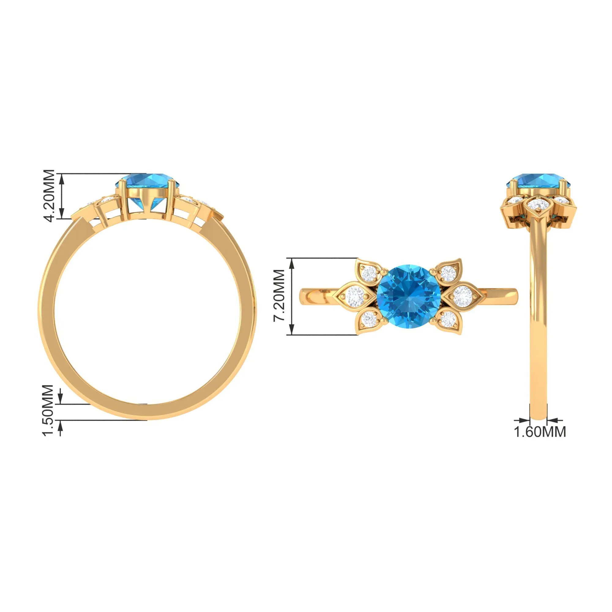 Swiss Blue Topaz Solitaire Flower Ring with Diamond