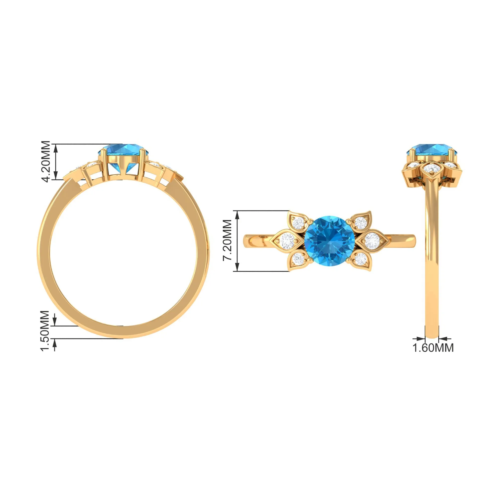 Swiss Blue Topaz Solitaire Flower Ring with Diamond