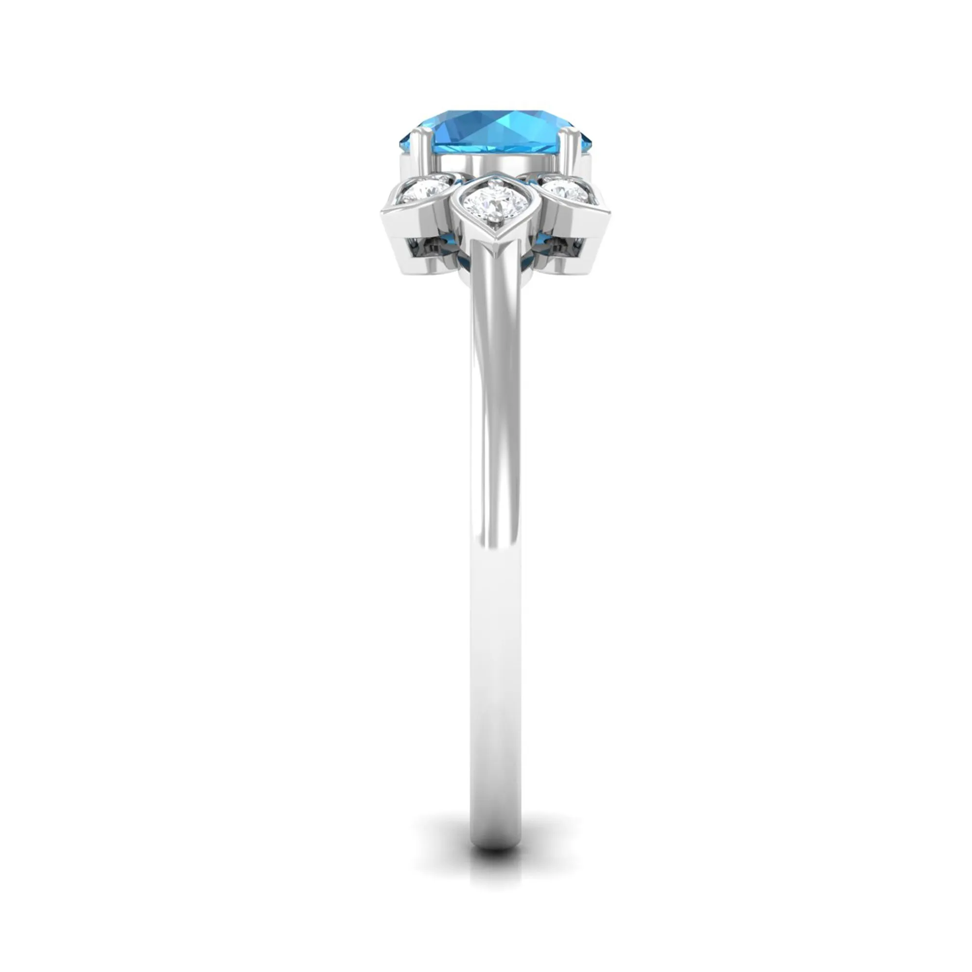 Swiss Blue Topaz Solitaire Flower Ring with Diamond