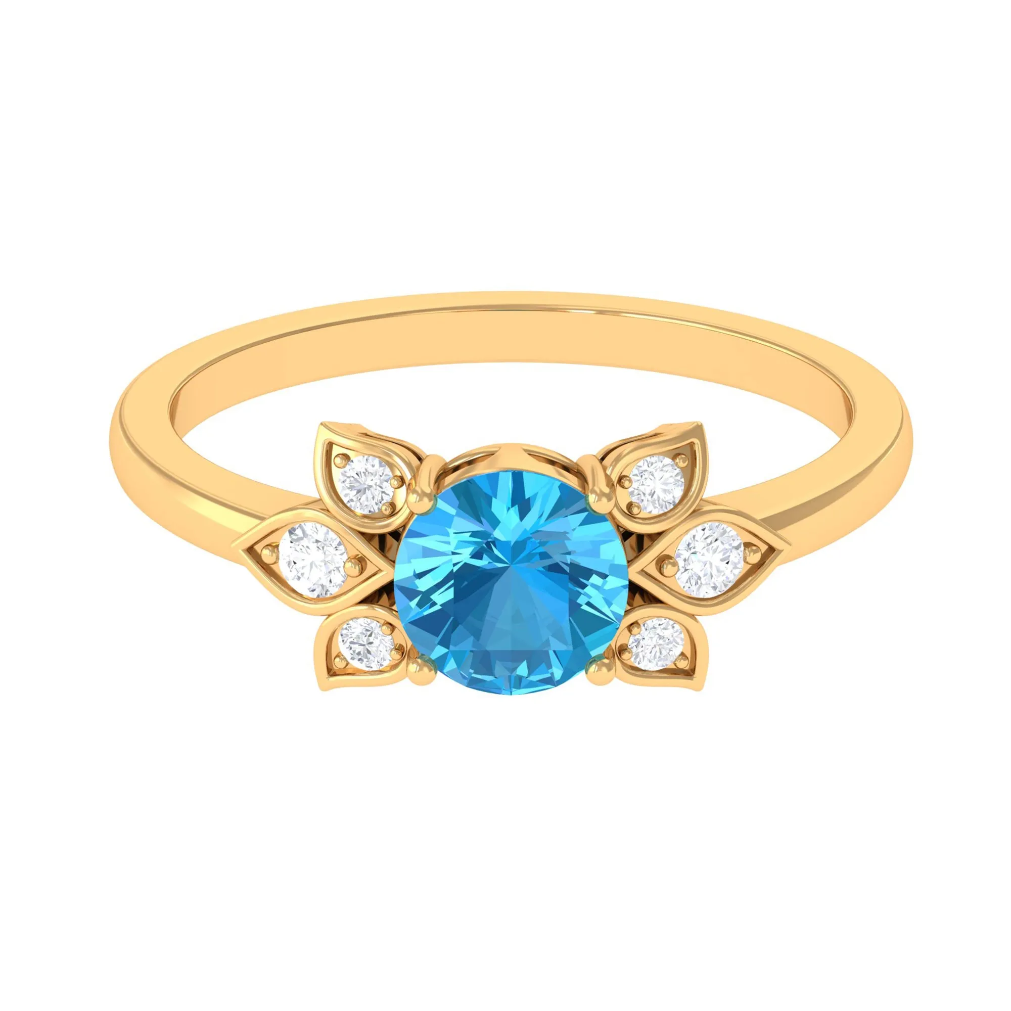 Swiss Blue Topaz Solitaire Flower Ring with Diamond