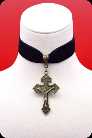 The CRUCIFIX Antique Brass Black Choker