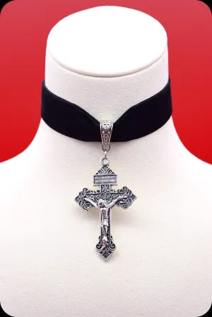 The CRUCIFIX Antique Silver Black Choker